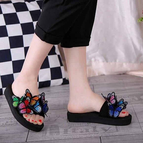 Summer Flat Slide Sandals Womens Butterfly Platform Low Heel Casual Beach Shoes - Picture 7 of 7